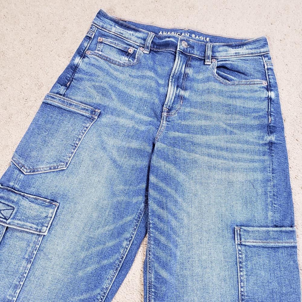 American Eagle Jeans Womens 8 Blue Super High Rise Baggy Straight Cargo Stretch - Picture 4 of 14